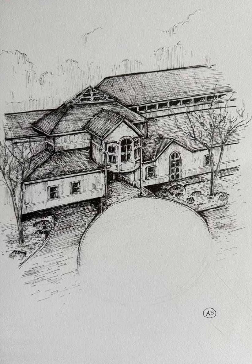 A detailed pencil sketch of a house with multiple roof sections, arched and rectangular windows, and trees around the property.