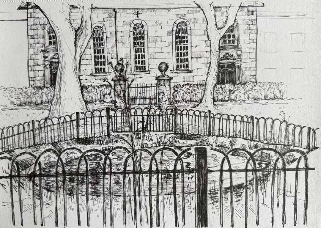 A black-and-white sketch of a park with a pond surrounded by a metal fence, two large trees, and a historic brick building with tall arched windows in the background.