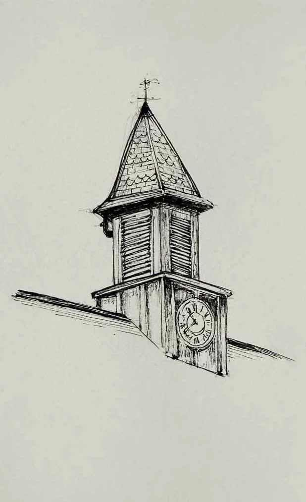 A sketch of a clock tower with a pointed, shingled roof and a clock face showing 1:10.