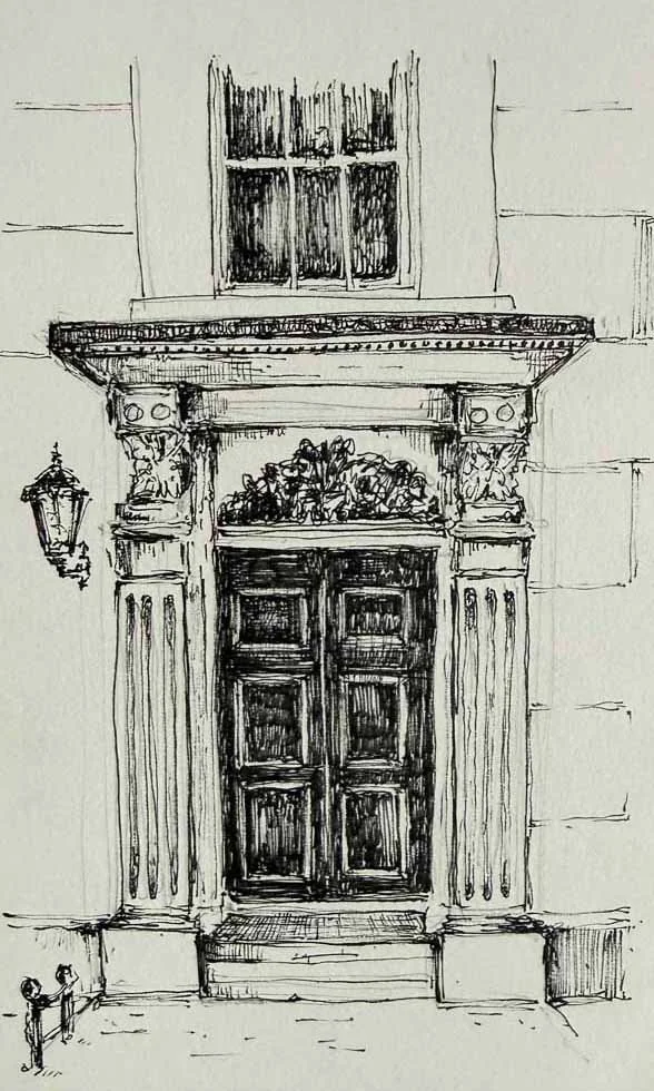 A detailed black and white sketch of an ornate building entrance with double doors, flanked by columns, surrounded by decorative elements, and a window above with a garland of flowers.