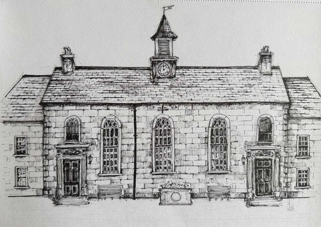 A detailed black and white sketch of a historic stone building with a clock tower, arched windows, and two entrances, each with steps and decorative framing.