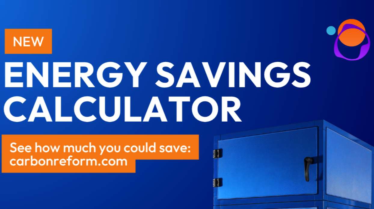 Blue energy savings calculator with orange label 'NEW' and orange text box promoting savings at carbonreform.com