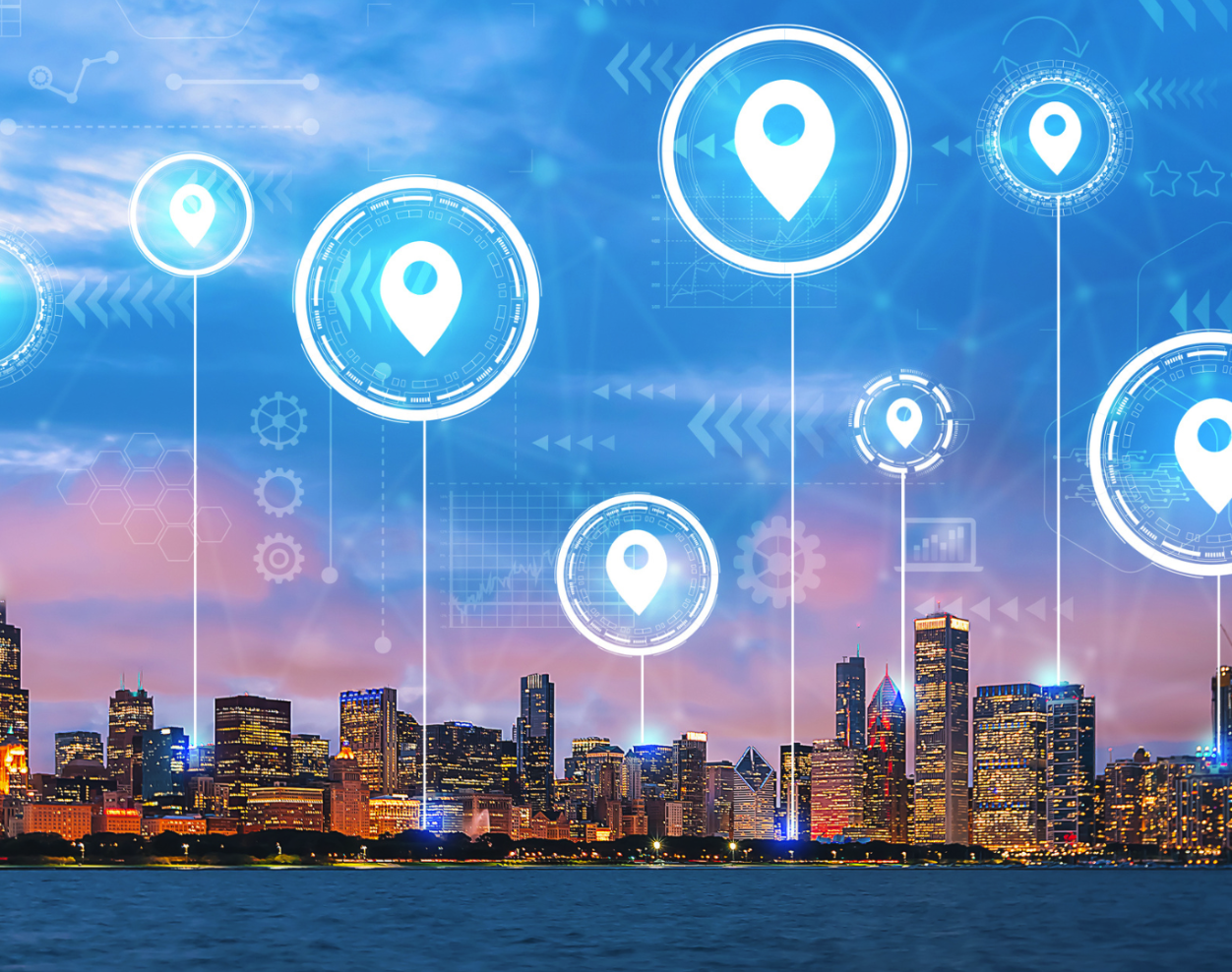 Digital map icons over a city skyline at sunset, indicating multiple location points.