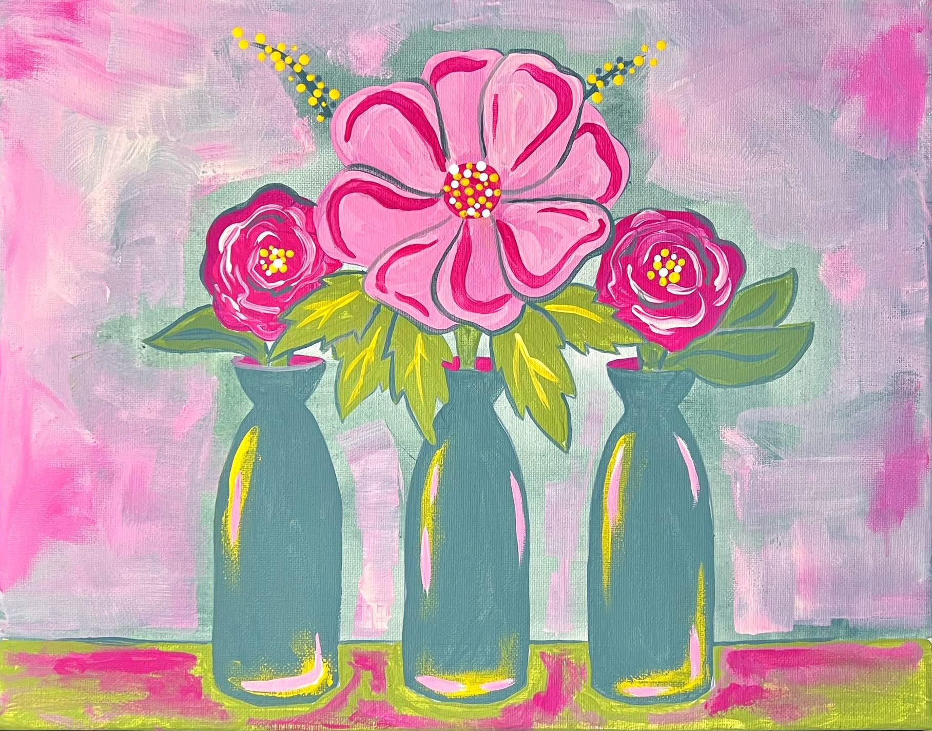 A colorful painting of three dark teal vases with pink and red flowers. Large pink flower in the center with two smaller pink flowers on either side, all with yellow and white centers. Green leaves surround the flowers, with a pink, purple, and green