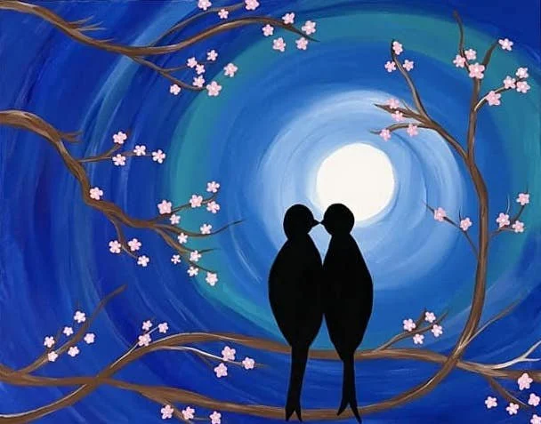 Silhouettes of two people holding hands, facing each other under a moonlit night sky with pink cherry blossoms on branches framing the scene.
