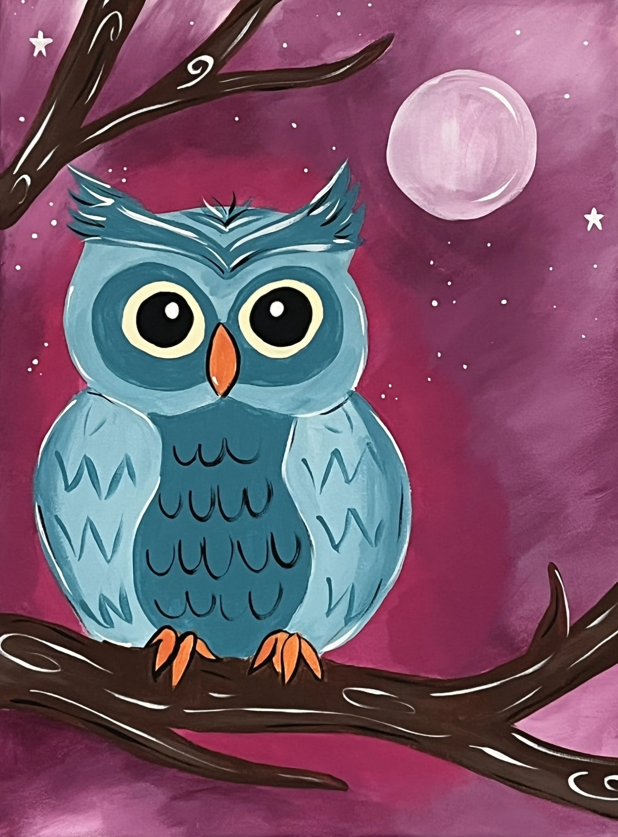 A blue cartoon owl with big eyes and an orange beak perched on a tree branch against a pink night sky with a full moon and stars.