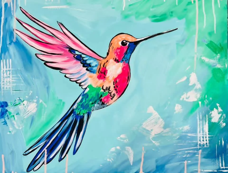 Colorful painting of a hummingbird flying against a blue and green abstract background.