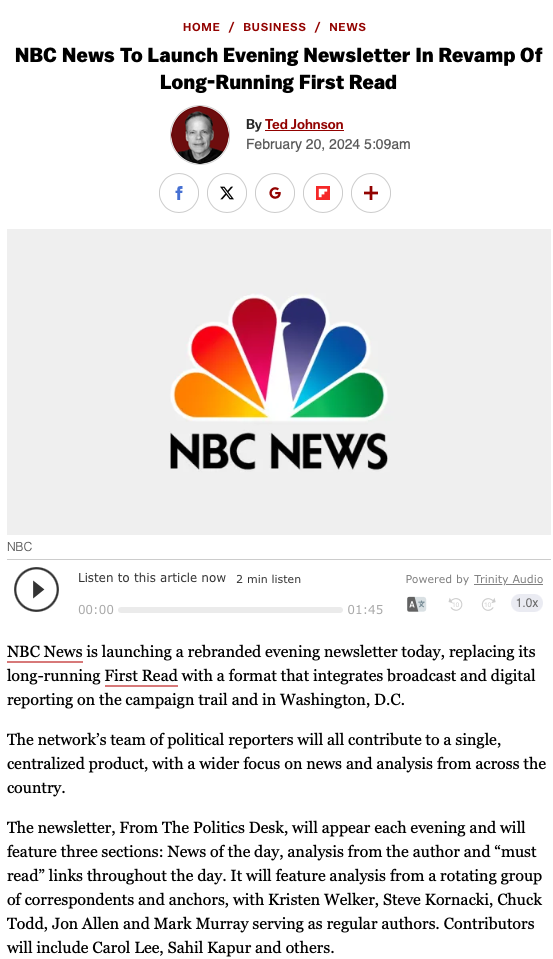 Deadline: NBC News To Launch Evening Newsletter In Revamp Of Long-Running First Read