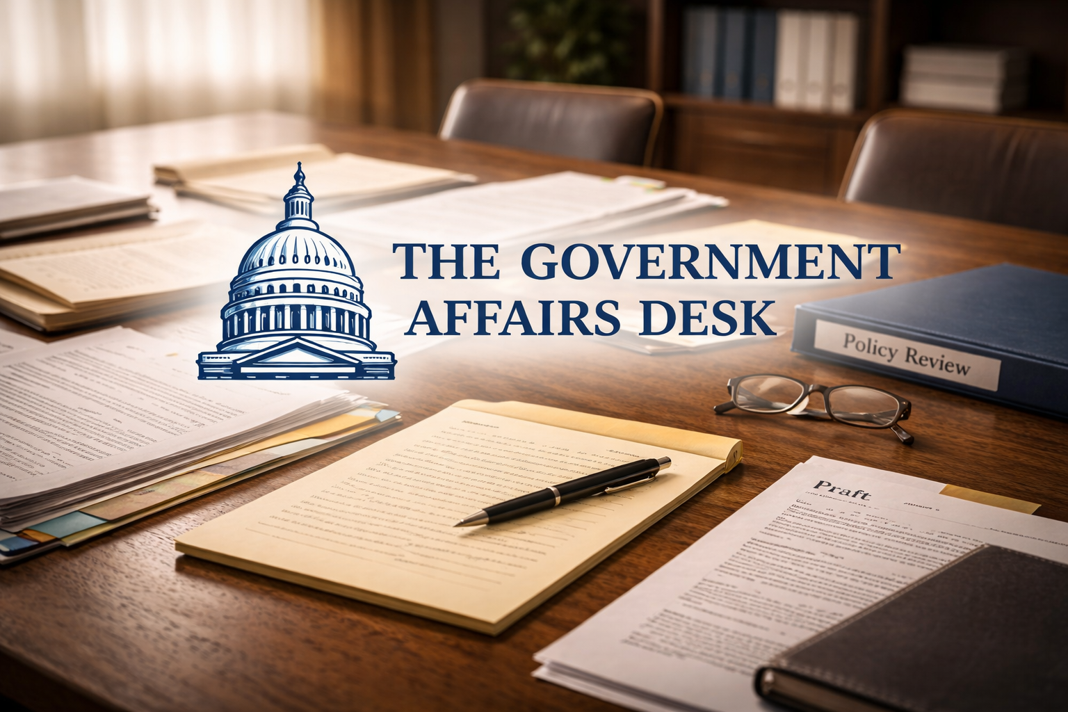 Desk with documents, a pen, a pair of glasses, a folder labeled 'Policy Review,' and a sign titled 'The Government Affairs Desk.'