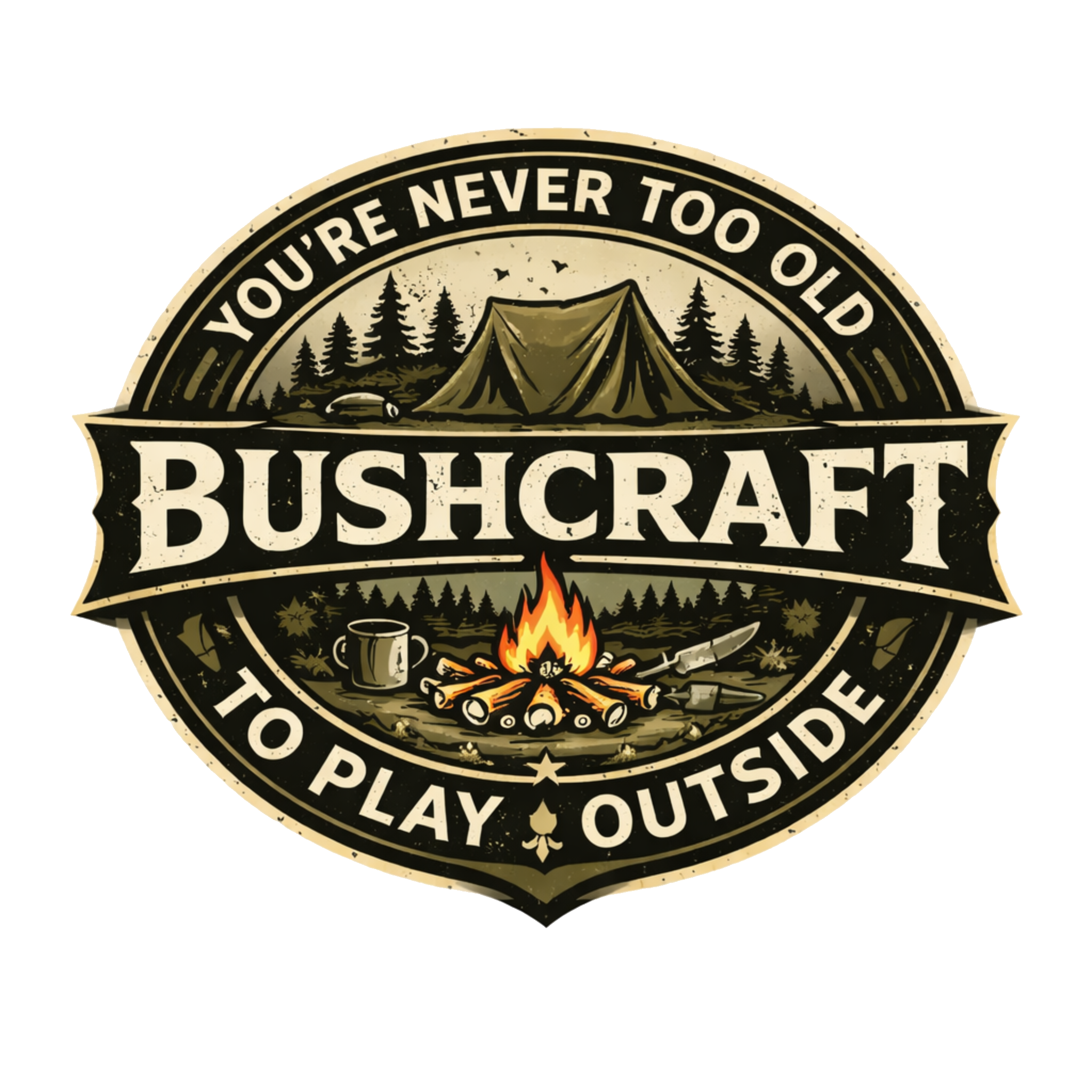 Vintage bushcraft tent and campfire badge t-shirt design with You’re Never Too Old to Play Outside text