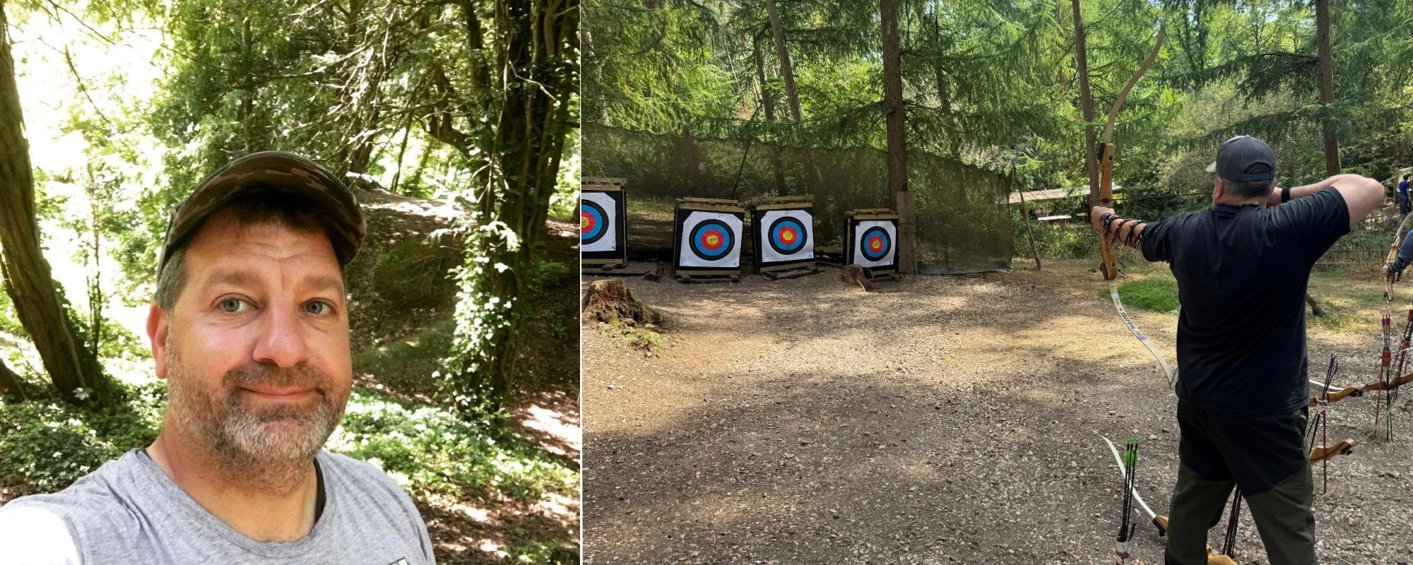 A man taking a selfie in a forest on the left side, and on the right side, a person aiming a bow and arrow at archery targets in a wooded outdoor setting.