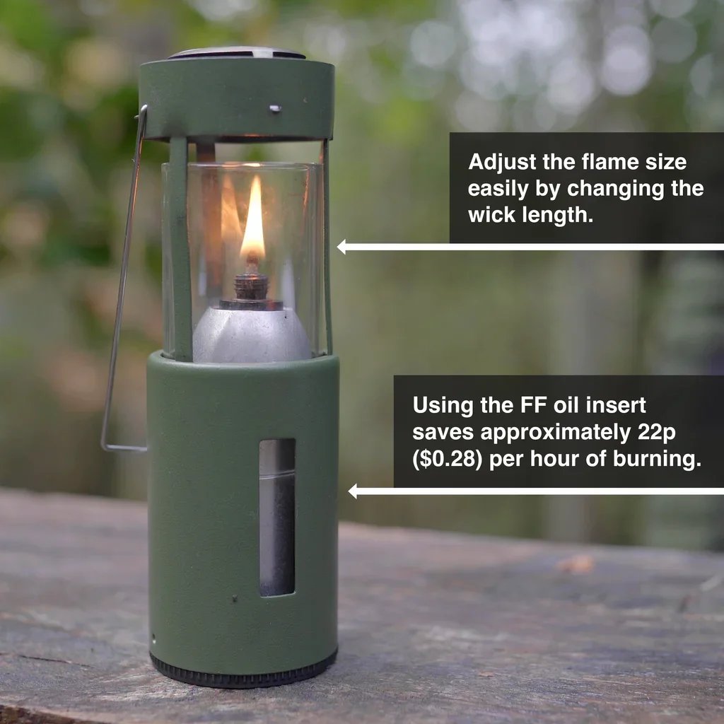 Forest Fundamentals oil insert for UCO lantern in outdoor woodland setting