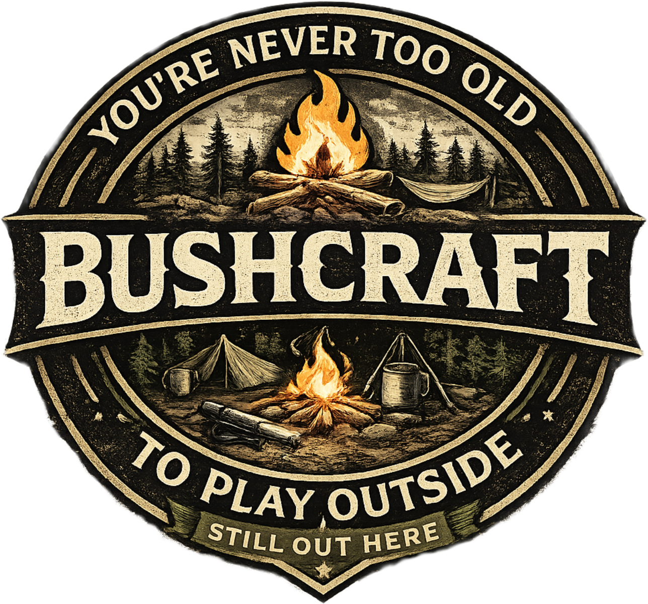 Vintage bushcraft campfire badge t-shirt design for camping and outdoor enthusiasts