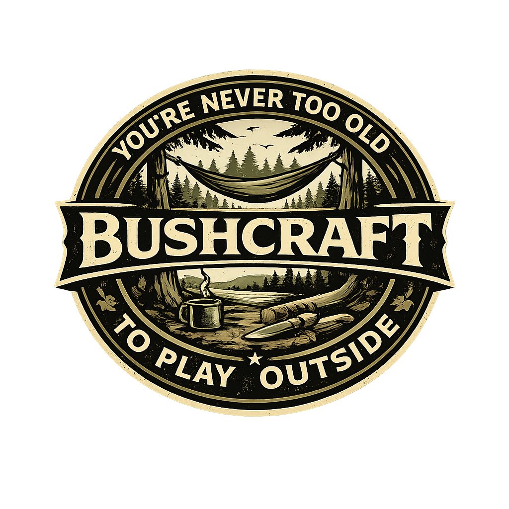 Bushcraft hammock camping badge t-shirt design with woodland scene and You’re Never Too Old text