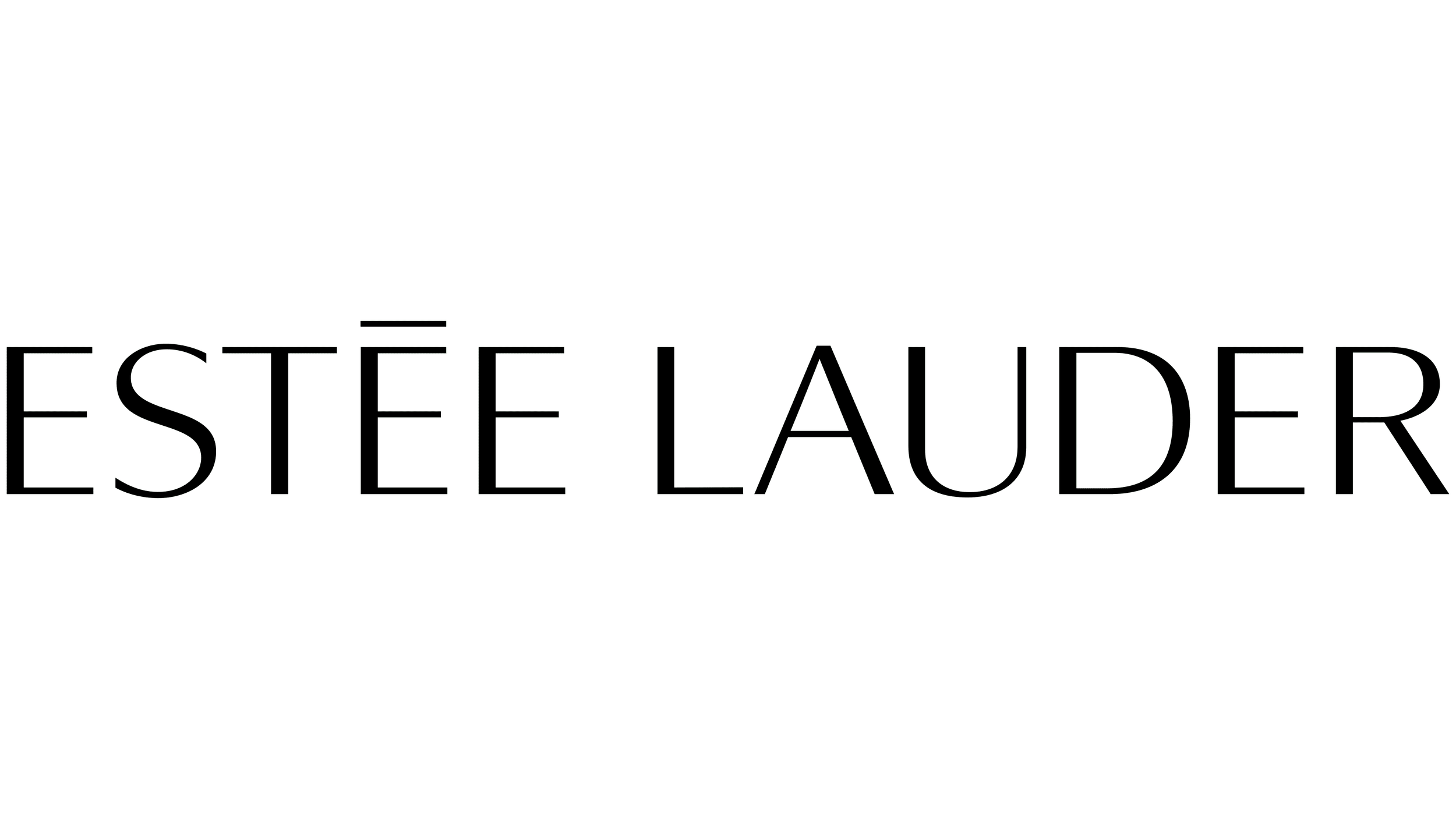 Estée Lauder logo in white against a black background.