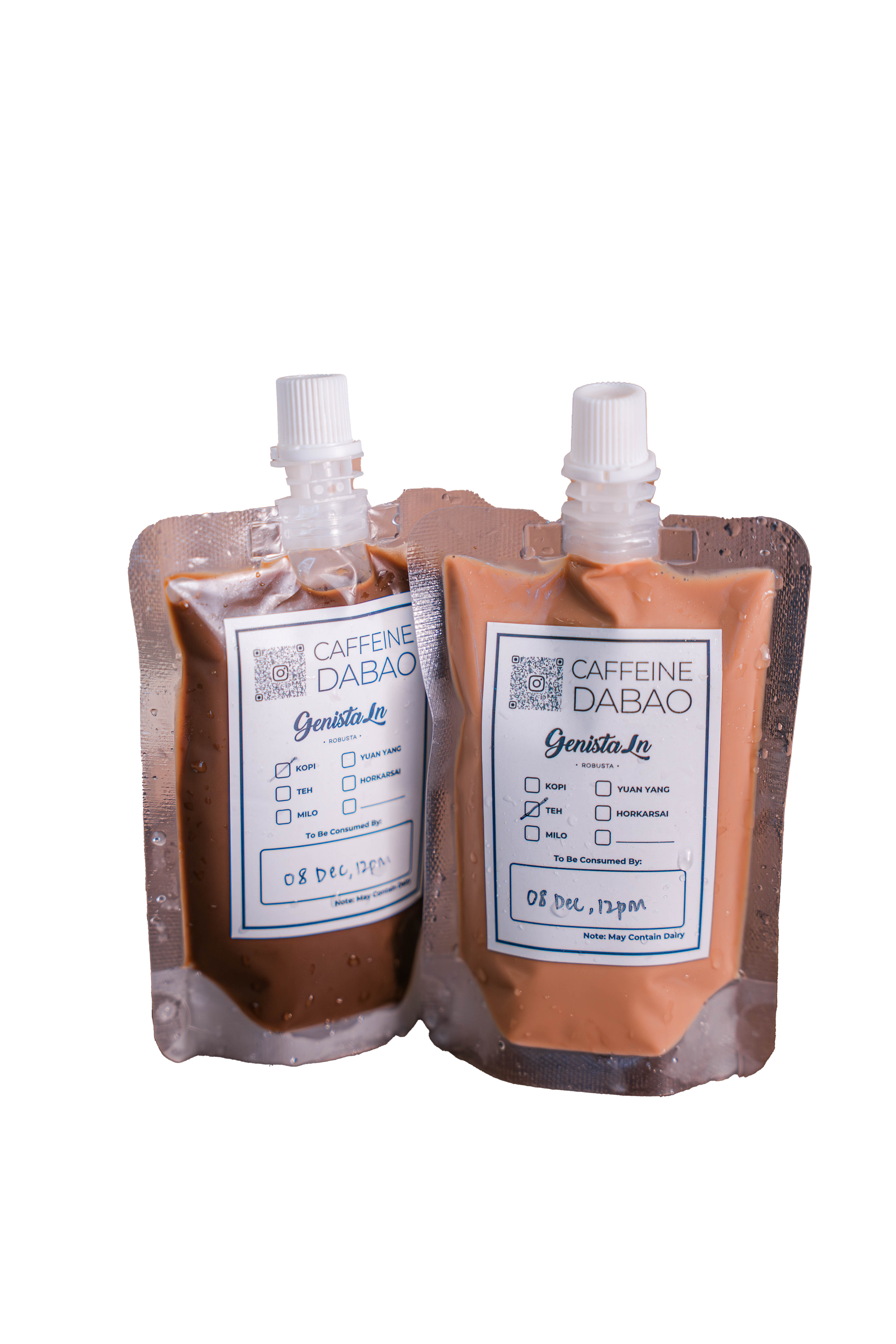 Two Kopi Pouches of a brownish liquid, labeled 'Caffeine DABAO,' with checkboxes for ingredients 'Kopi,' 'Teh,' 'Milo,' 'Yuan Yang,' 'Horkarsai,' and a date and time to be consumed.