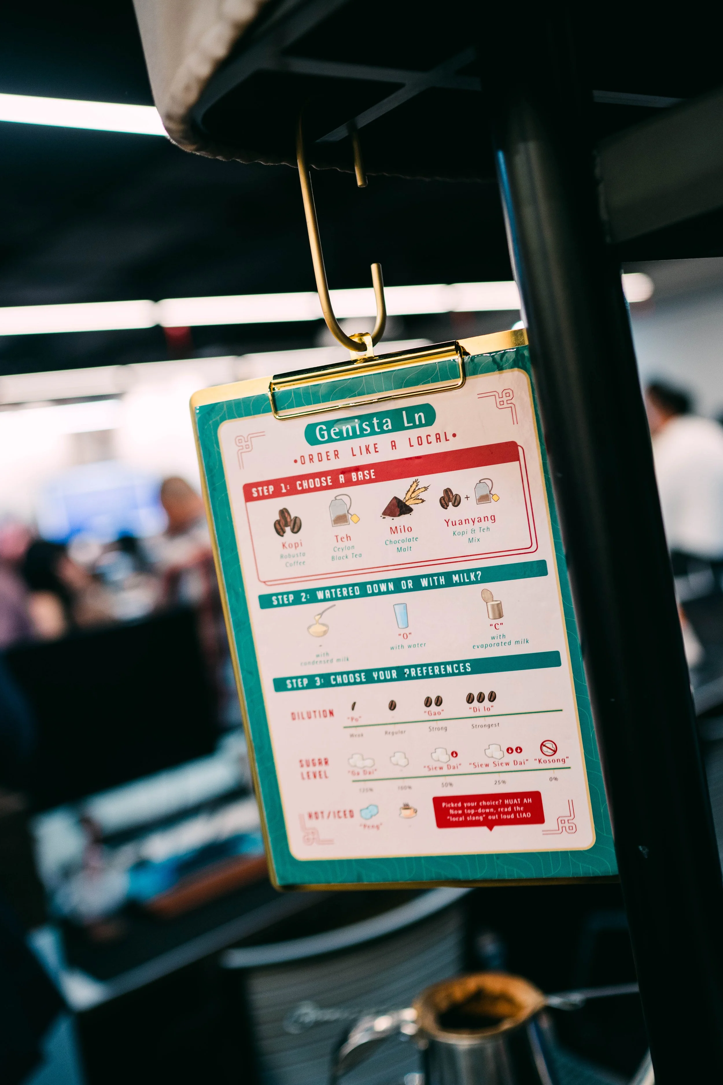 A colorful menu sign hanging from a hook at a cafe with options to customize coffee drinks.