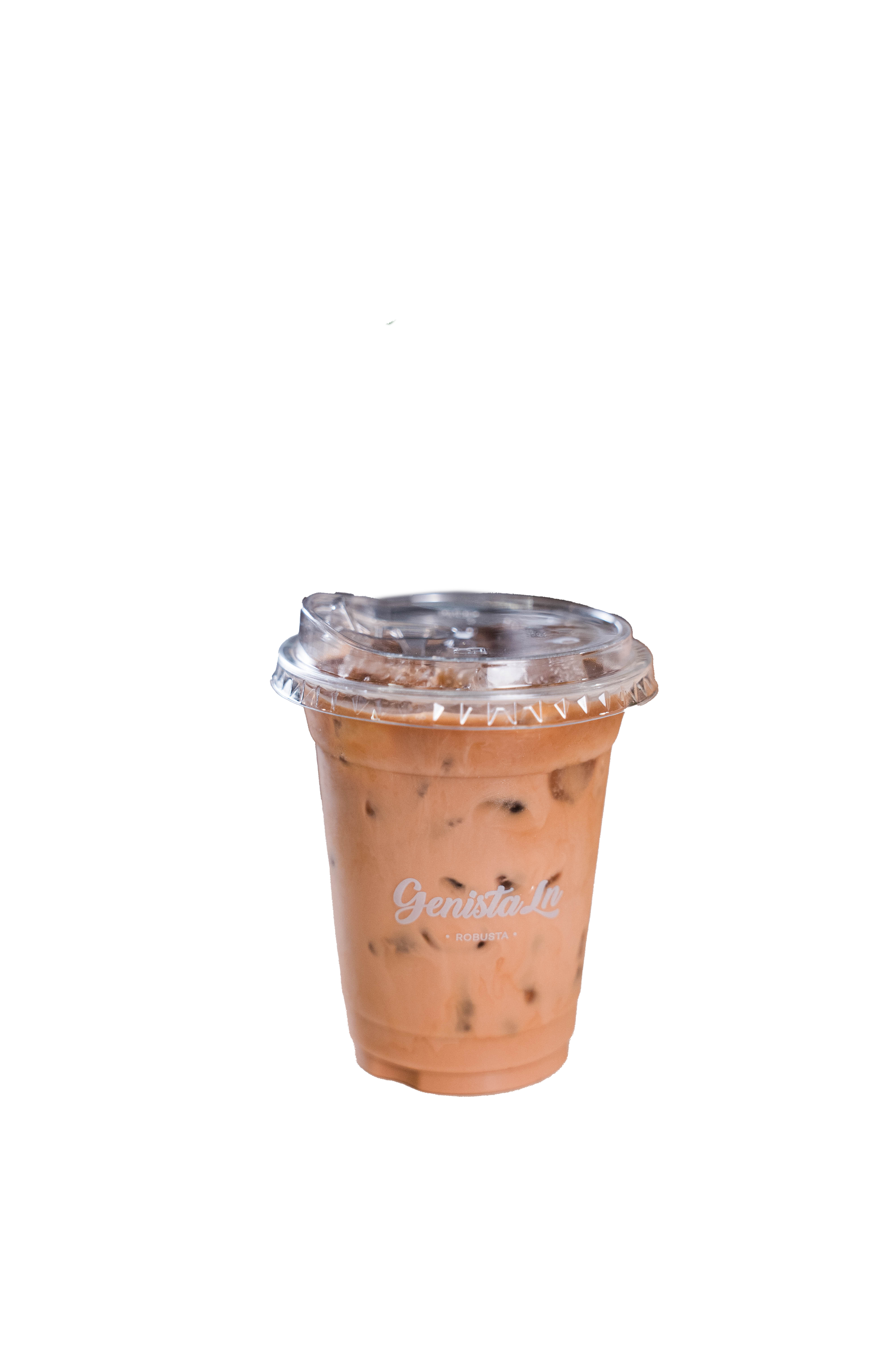 A clear plastic cup filled with iced chocolate beverage, branded with 'GenistaLu,' against a black background.
