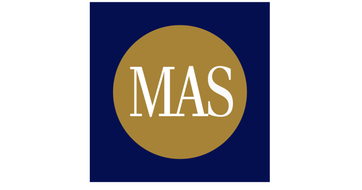 A circular logo with a gold background and the white letters 'MAS' in the center, set against a dark blue square background.