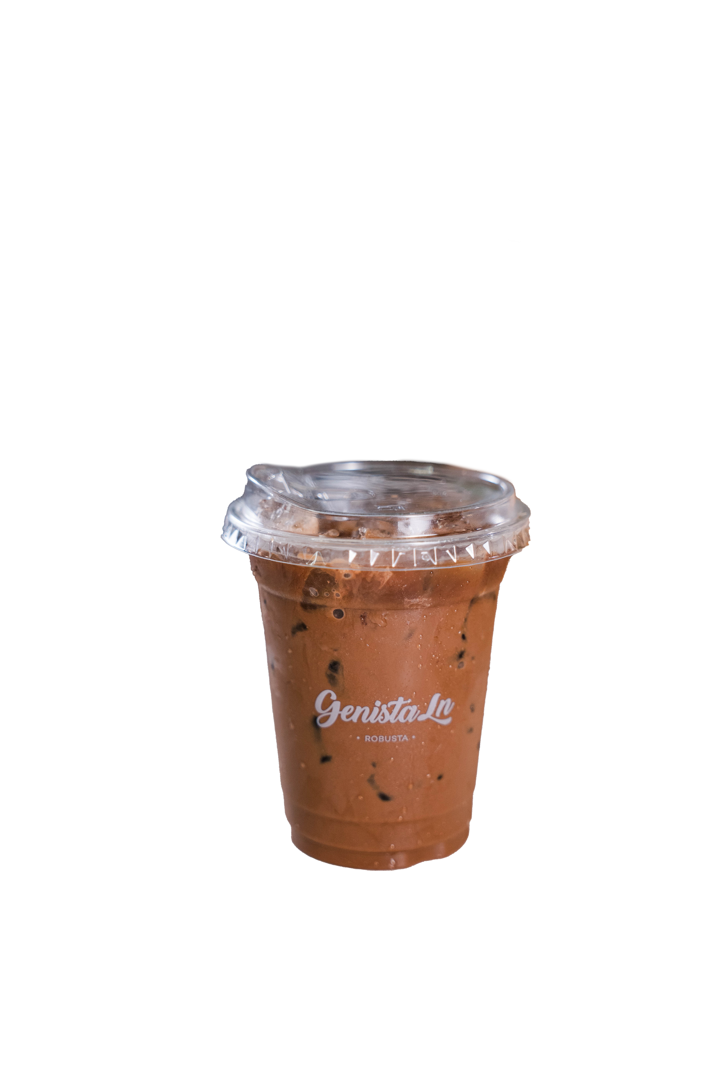 A plastic cup filled with iced chocolate drink, branded 'GenistaL Roboosta,' with a clear plastic lid.