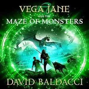 Book cover titled 'Vega Jane and the Maze of Monsters' by David Baldacci. Features illustrations of a dragon, a girl, and a dog, with a green glowing maze in the background.