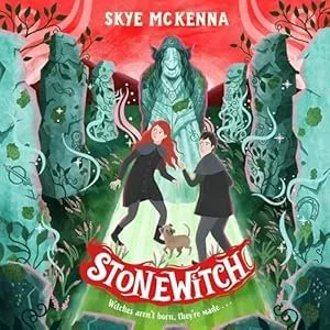 Illustration of two children walking with a cat in a dark, enchanted forest with tall, stylized trees and magical elements, featuring a large mysterious figure in the background and the title 'Stonewitch' at the bottom.