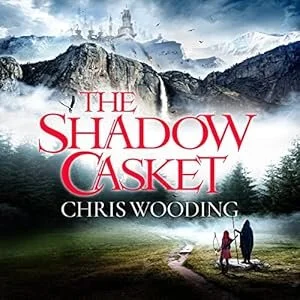 A book cover for 'The Shadow Casket' by Chris Wooding featuring a landscape with mountains, a waterfall, trees, and two children walking with an adult.