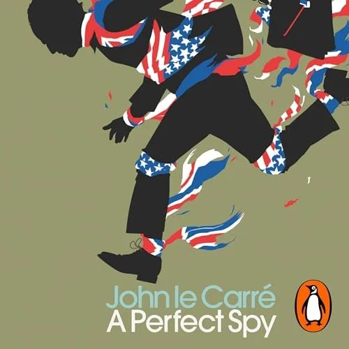 Abstract illustration of a person running, wearing clothing decorated with American flag patterns, on the cover of John le Carré's book 'A Perfect Spy' published by Penguin.