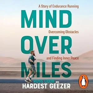Book cover titled "Mind Over Miles: A Story of Endurance Running, Overcoming Obstacles, and Finding Inner Peace" by Hardest Geezer. The cover features a person running along a beach with a calm ocean and sky in the background.