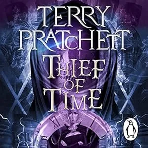 Book cover of 'Thief of Time' by Terry Pratchett, featuring a purple and blue fantasy-themed background and a figure with a clock in front.