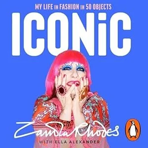 Book cover titled "Iconic" by Tamma Rhodes with Ella Alexander, featuring a person with bright pink hair and colorful makeup, posing with hands on face against a blue background.