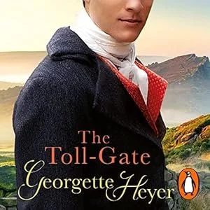 Close-up of a woman wearing a dark coat and white scarf, with a mountainous landscape in the background, seen on the book cover of 'The Toll-Gate' by Georgette Heyer.