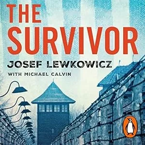Book cover for "The Survivor" by Josef Lewkowicz, featuring a guarded prison or concentration camp with watchtowers, fences, and barbed wire, in shades of blue and orange.