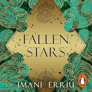 Book cover titled 'Fallen Stars' by Imani Erriu, featuring a gold diamond-shaped background with swirling teal clouds and celestial motifs.