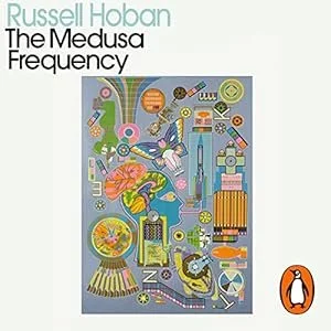 Cover of Russell Hoban's book titled "The Medusa Frequency" featuring a colorful abstract illustration with various geometric shapes, a pink lotus flower, a key, and other symbols.