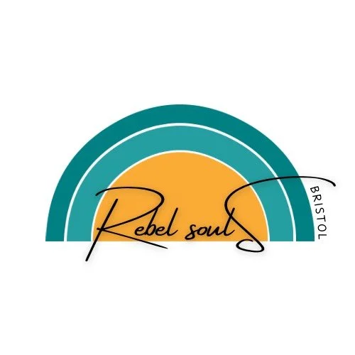 Logo resembling a sunrise, with three arched stripes, orange, teal and darker teal (from bottom to top) with Rebel Souls across the front and Bristol on the outside of the arch on the right