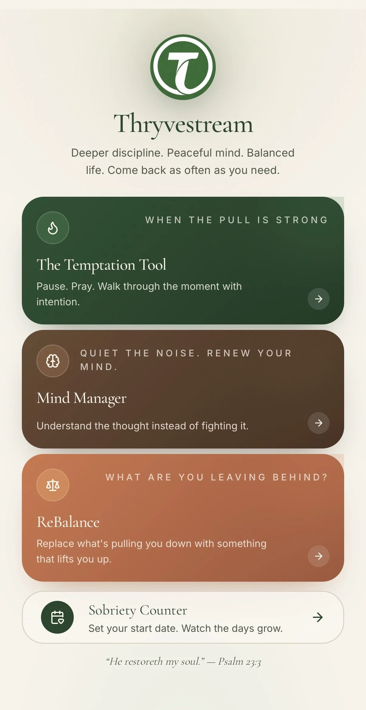 A wellness app screen with sections on discipline, mindset, rebalancing, and sobriety counter, featuring a quote from Psalm 23:3.