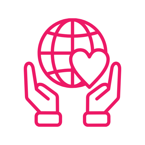 Pink outline of two hands holding a globe with a heart in front of it, symbolizing global care or compassion.