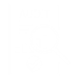 Audit report icon featuring a magnifying glass, bar charts, a clipboard, and a check mark.