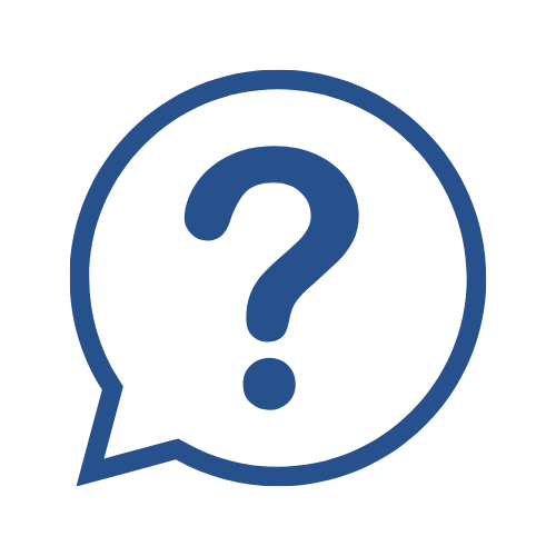 Blue speech bubble with a question mark inside.