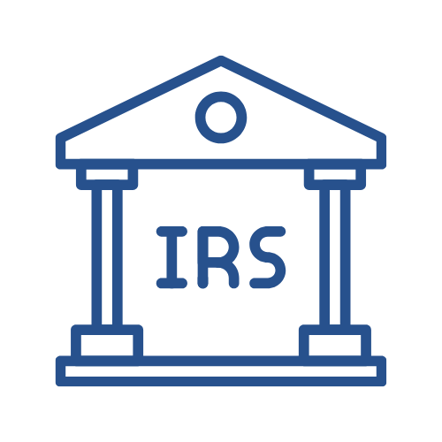 A blue outline of a government building with columns and a triangular pediment, featuring the letters 'IRS' in the center.