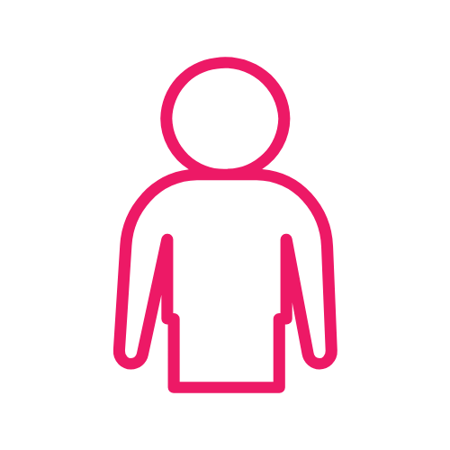 Icon of a person outlined in pink on a black background.