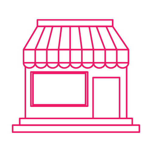 Outline of a small store with a striped awning, large display window, and side door, drawn in pink lines on a black background.
