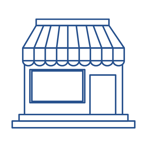 Outline drawing of a small storefront or shop with an awning, large window, and door, drawn in blue lines on a black background.