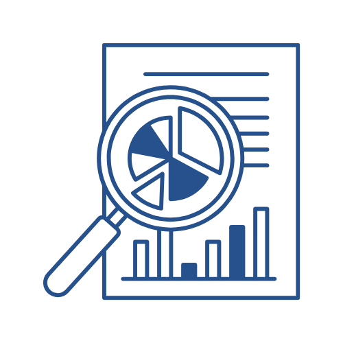 Icon of a report with a magnifying glass over it, showing pie charts and bar graphs, representing analysis or data review.