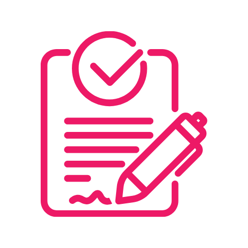 Icon of a clipboard with a checkmark, a pen, and lines of text.