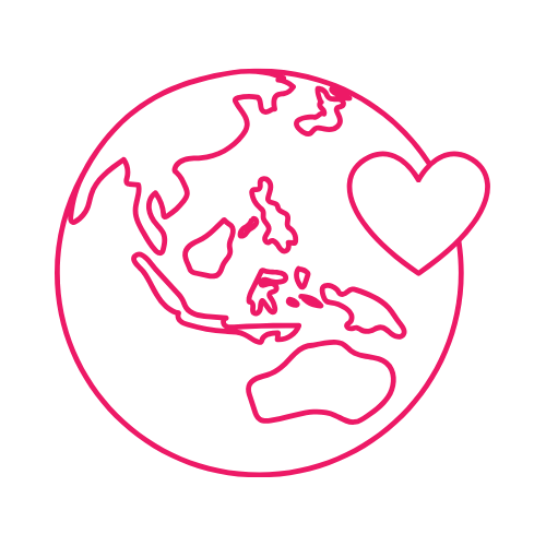 Outline of the Earth with a pink heart symbol near Asia on a black background.