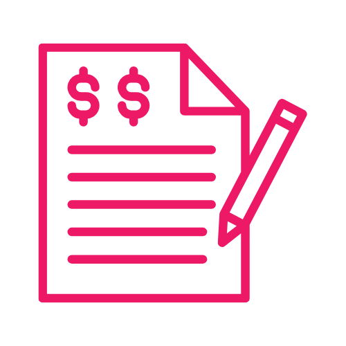 Outline of a financial document with dollar signs and lines of text, and a pen beside it.