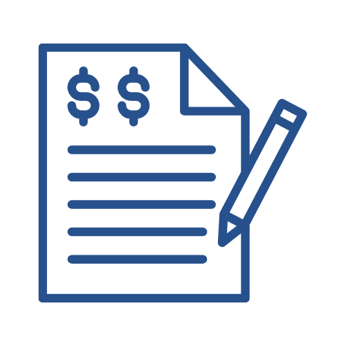 Icon of a financial document with dollar signs and a pen.
