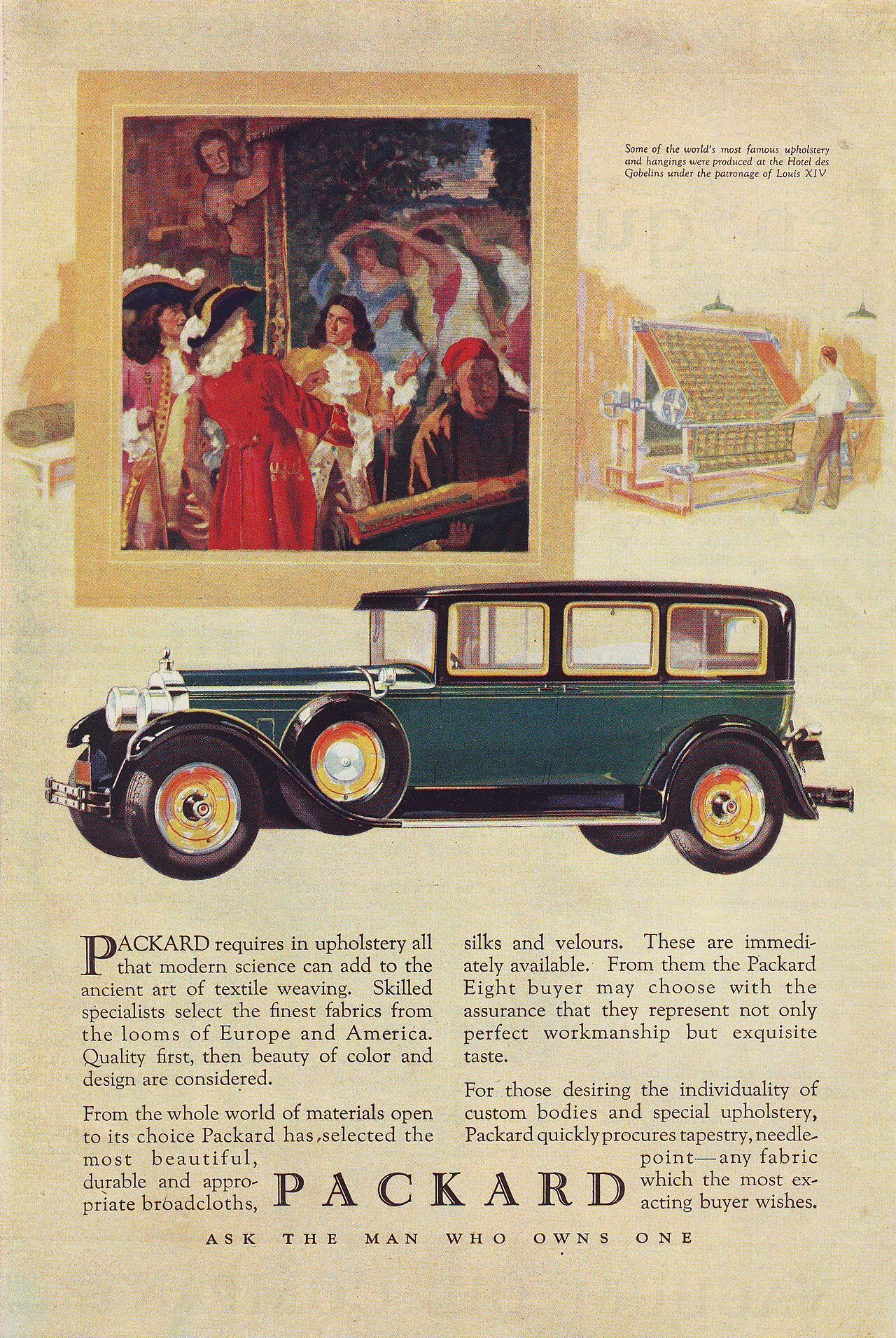 Vintage advertisement featuring a large image of a tapestry depicting historical figures, a detailed illustration of an early 20th-century car, and a person operating a tapestry loom, with descriptive text about upholstery and textile weaving.